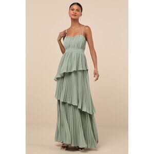 Lulus Jehona Sage Brush Pleated Tiered Maxi Dress Green - Size XL
